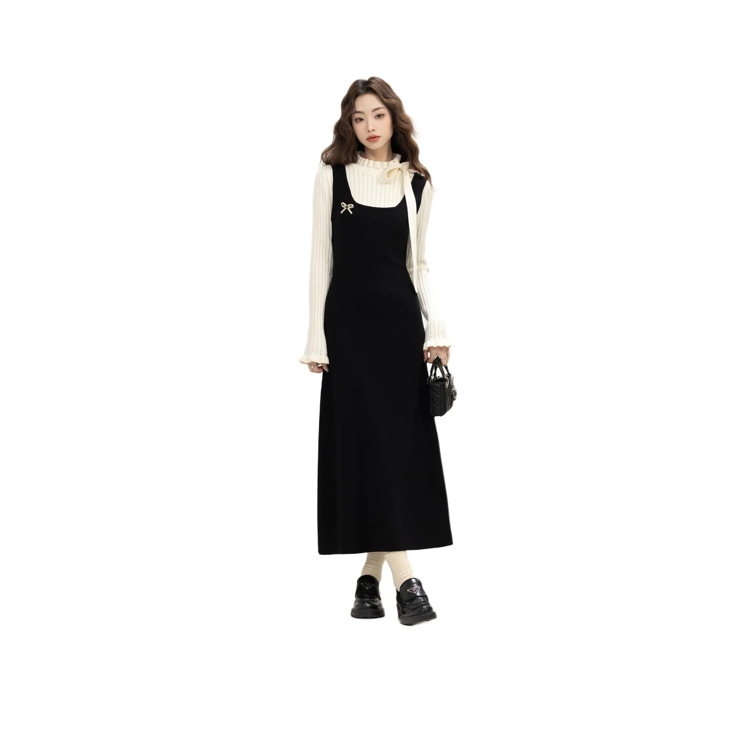 COSYISM Какао Кремовый Длинный рукав Платье Женское Черное и Абрикосовый