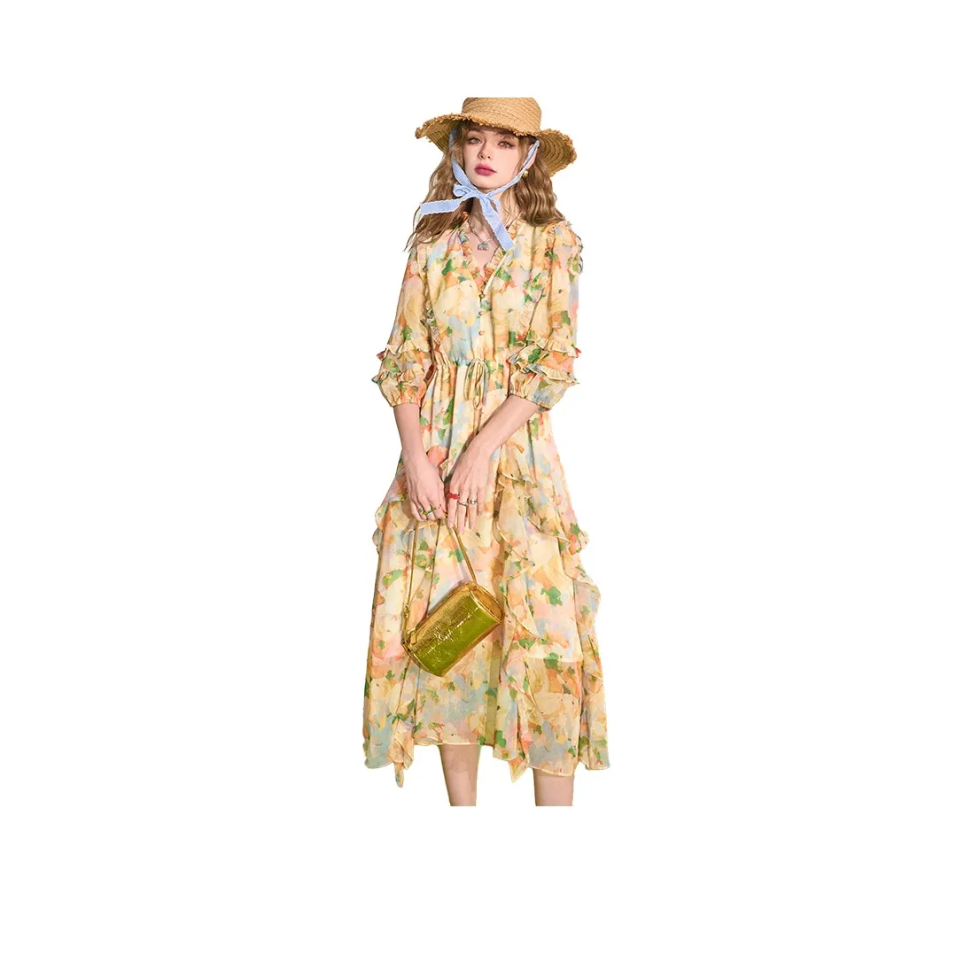 ELF SACK Long Sleeved Dresses Women's Sweet Style Yellow Cream