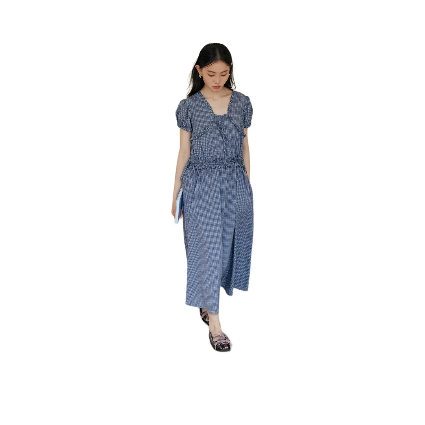BLUEerror SS24 Short Sleeved Dress Women's Vintage Purple Plaid