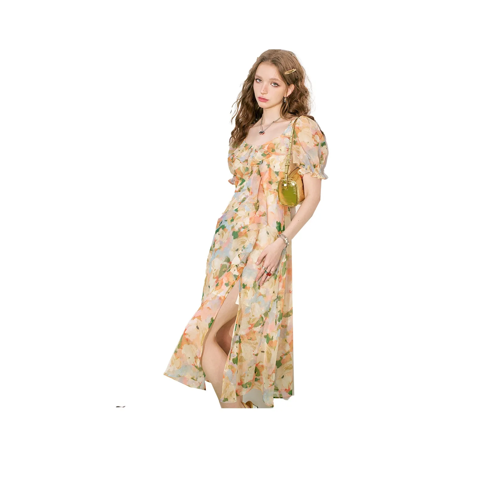 ELF SACK Short Sleeved Dresses Women's Sweet Style Yellow Cream