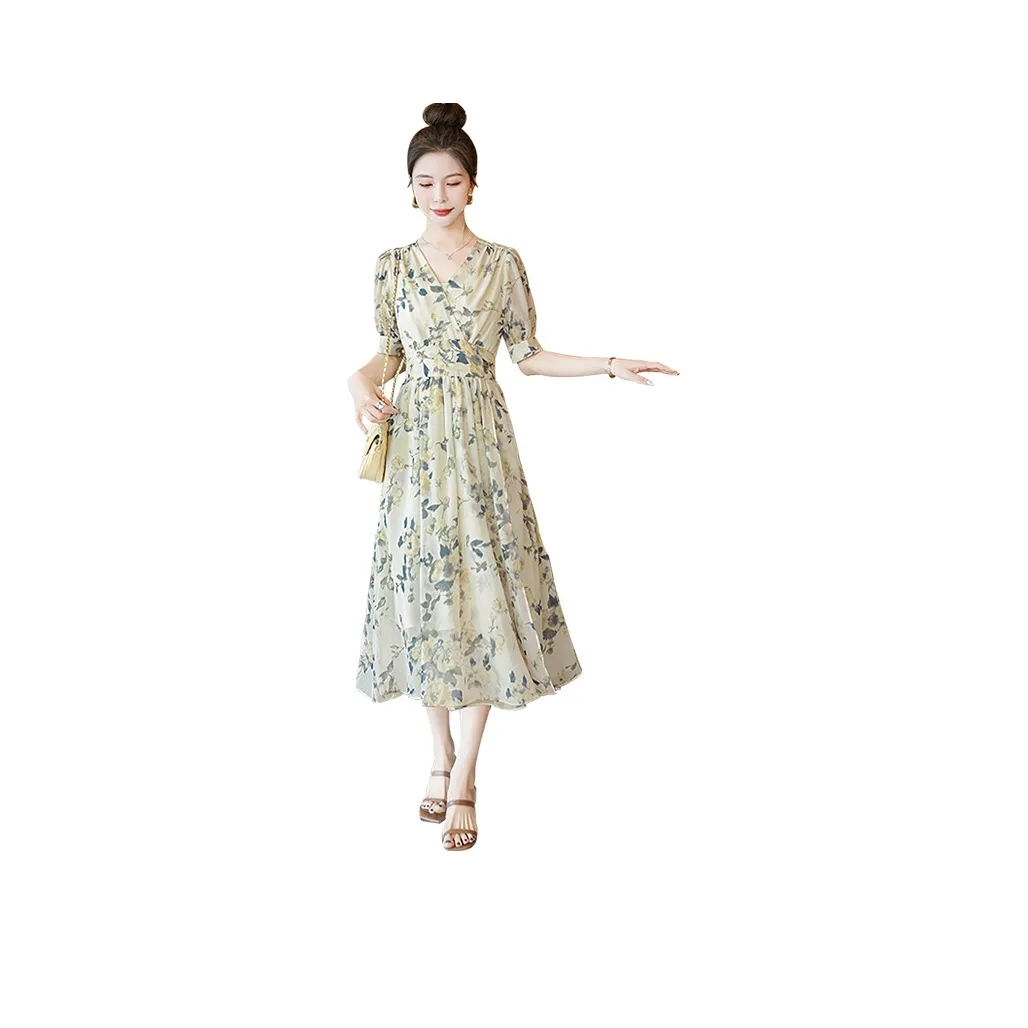 Cypress House Short Sleeved Dresses Women's Light Green With Yellow Floral