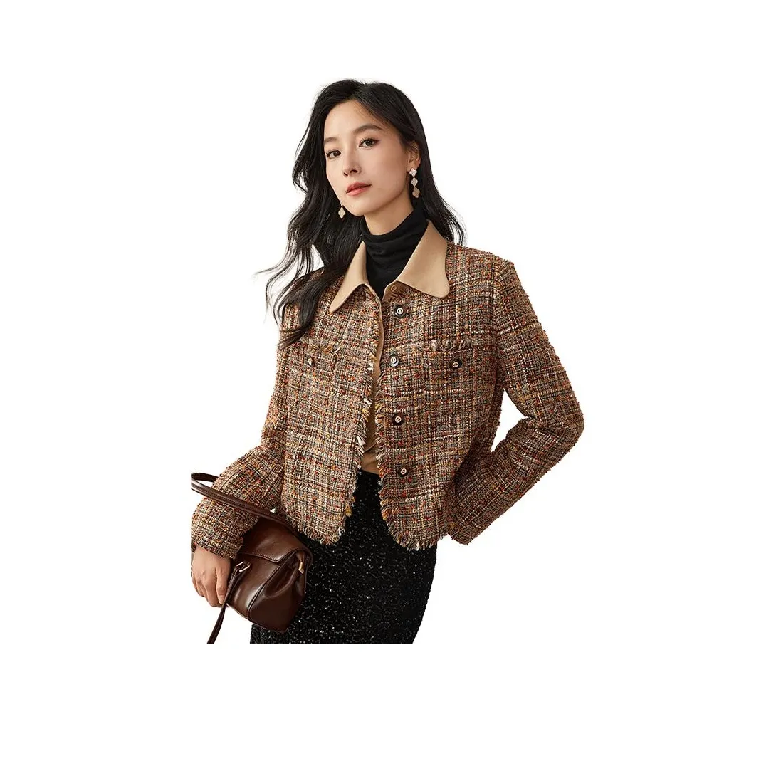 OUNIXUE Cropped Coat Unisex Floral Brown Plaid OUNIXUE Укороченное пальто унисекс цветочный коричневый клетка