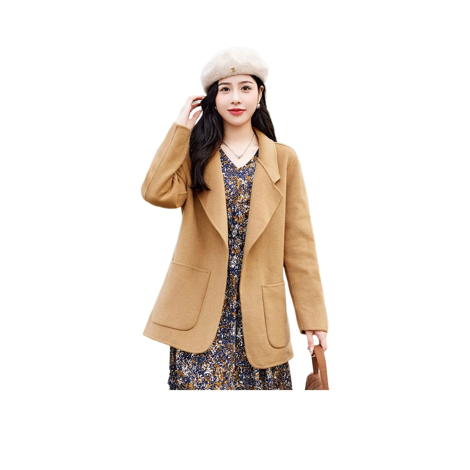 JEANSWEST Мода Минималистский стиль Однотонный Кружево Вверх MID Длина Длинный Рукава Шерстяной Зимний Женский Хаки