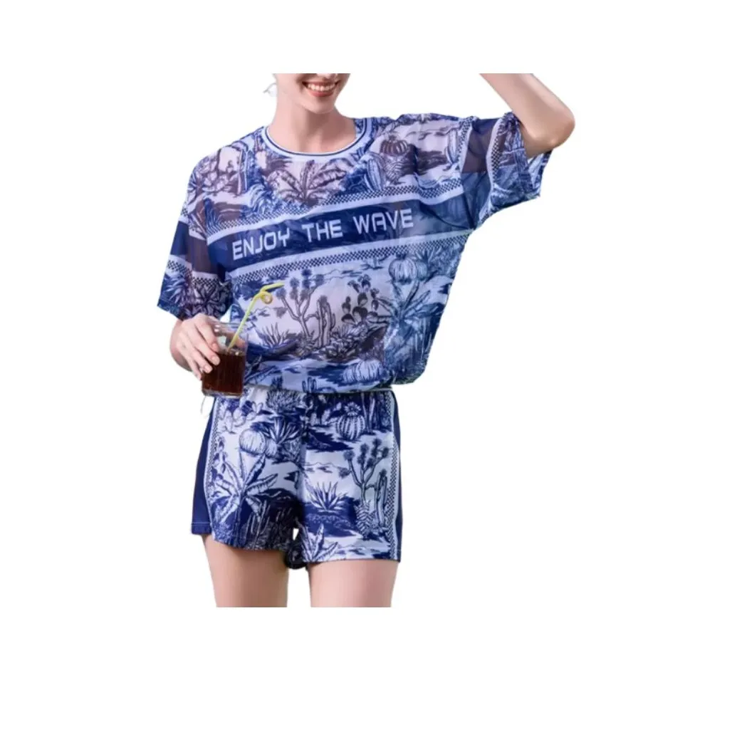 ZOKE Купальник Комплект Женский Серый Синий Дворцовый С принтом