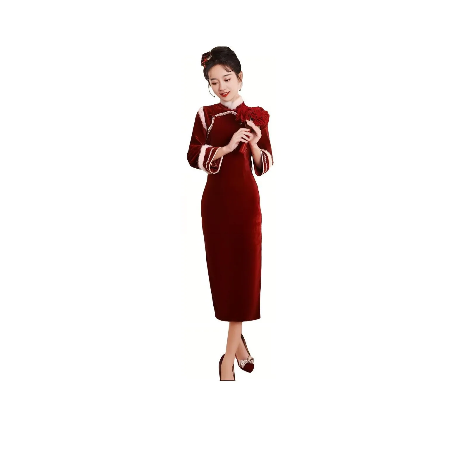 Red colored clothes Cheongsams Women's Burgundy