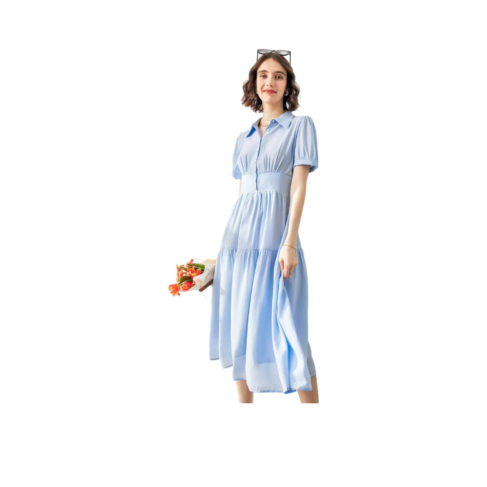 Famanxuan Short Sleeved Dress Women's Ice Blue
