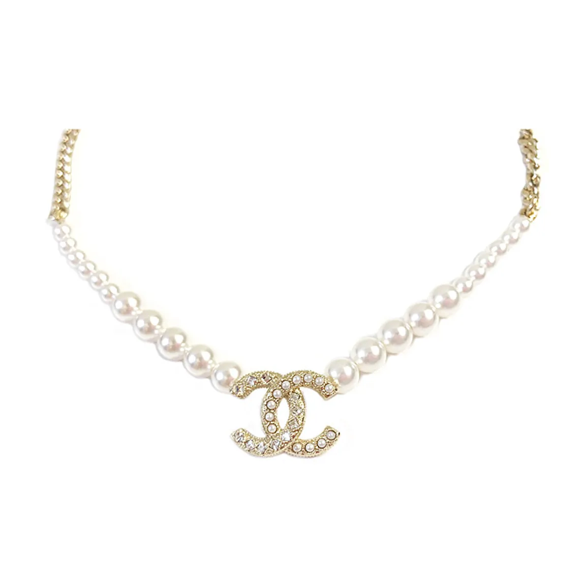 CHANEL Metal Artificial Pearl Necklaces Women's Gold/Pearl White