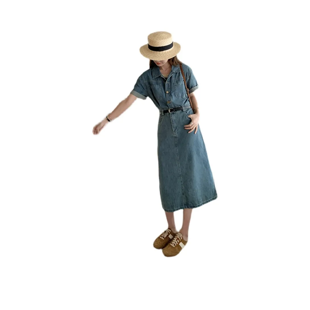 TEME Короткий рукав Платье Женское Винтажный деним синий