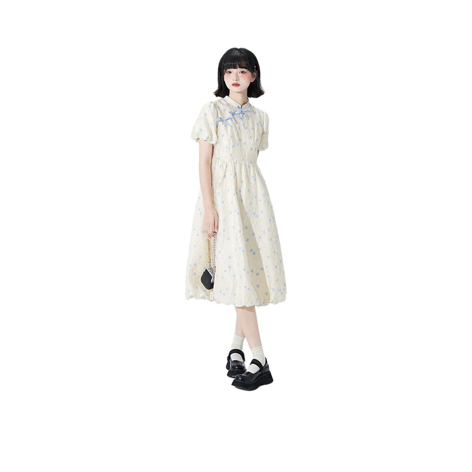 Juden Choi Short Sleeved Dress Women's Light Beige Blue Floral