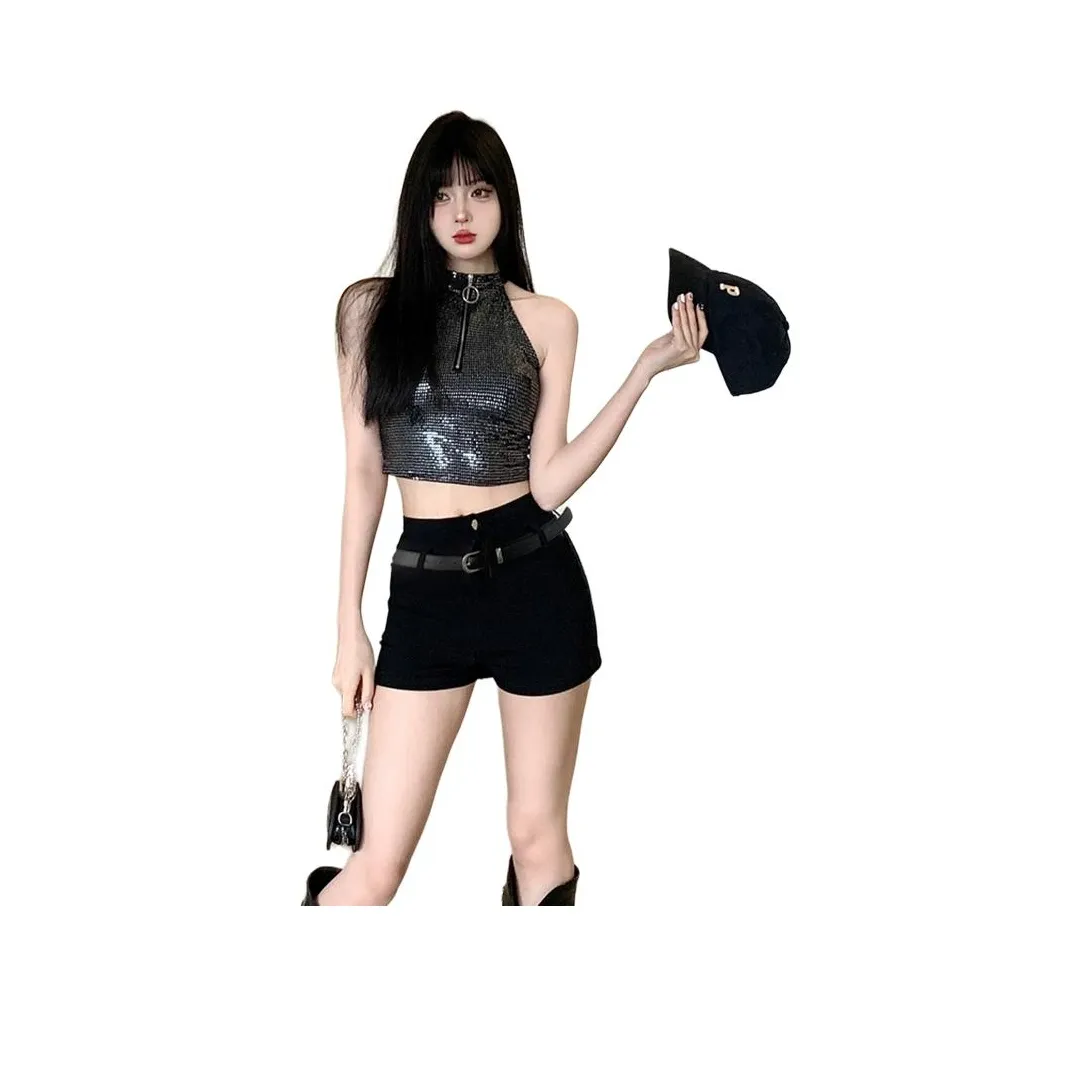 Garbege Блестки Топ Черная Юбка Набор Женские Повседневные Костюмы