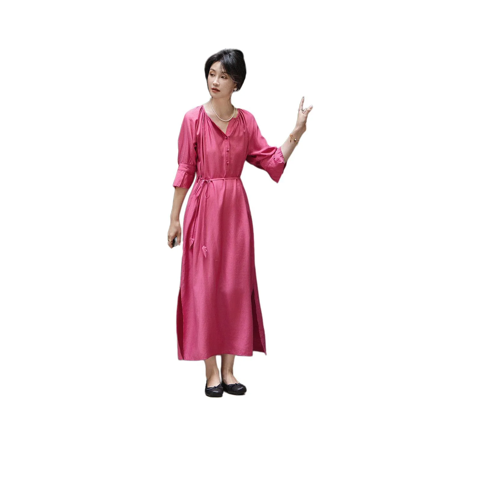 【Dme】 Короткий рукав платье женское розово-красное