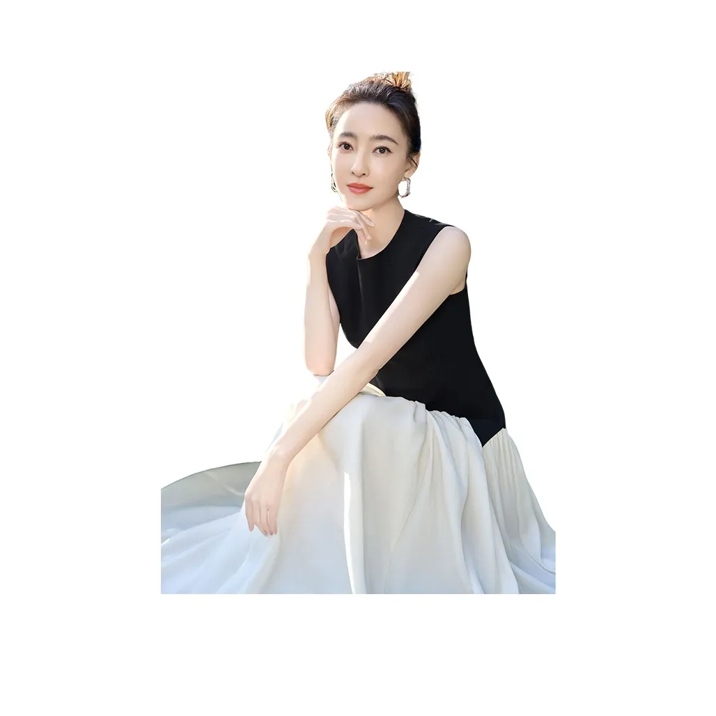 Cypress House Без рукавов Платье Женские Черный топ Абрикосовый низ