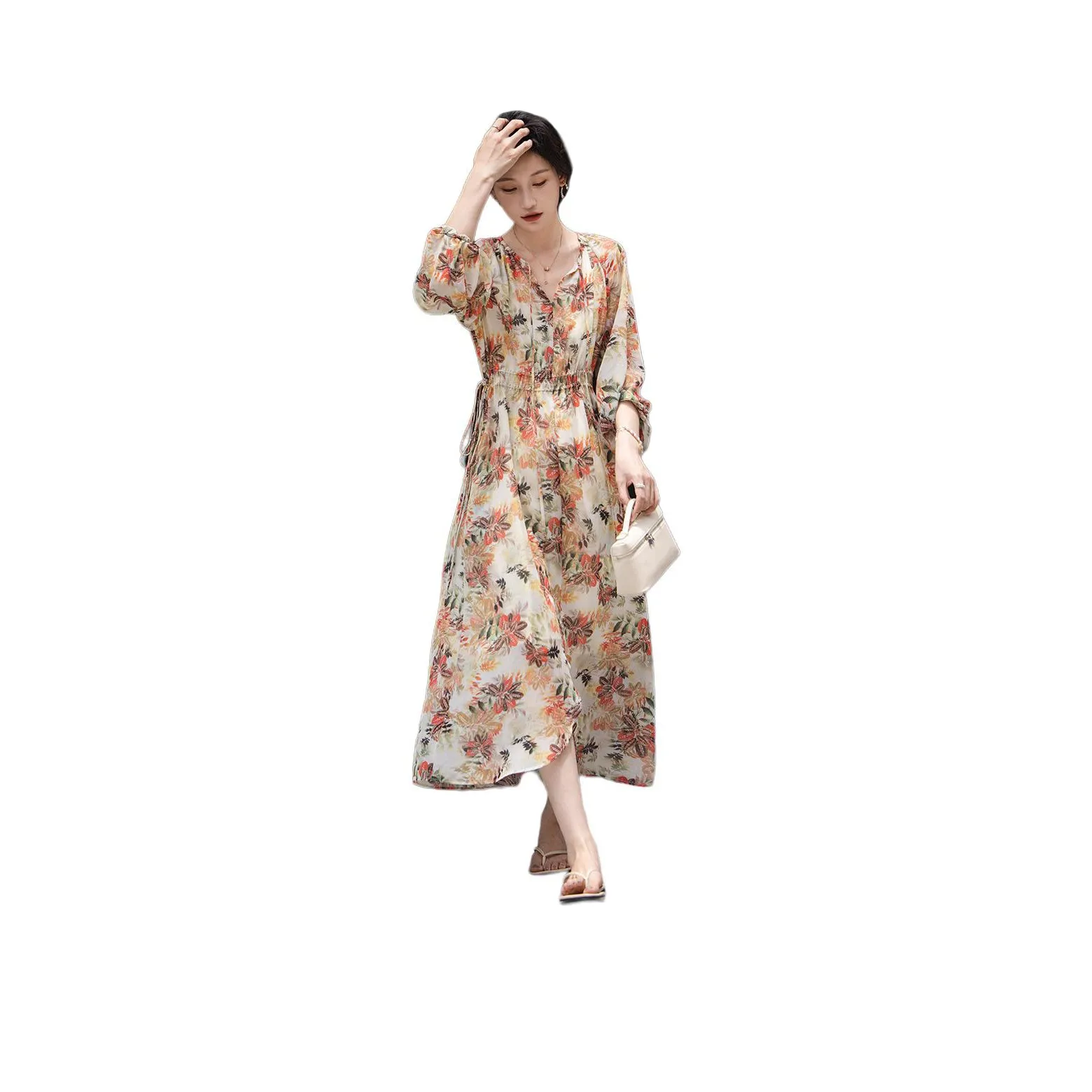 【Dme】 Длинное платье с длинными рукавами женское осенний лист желтый