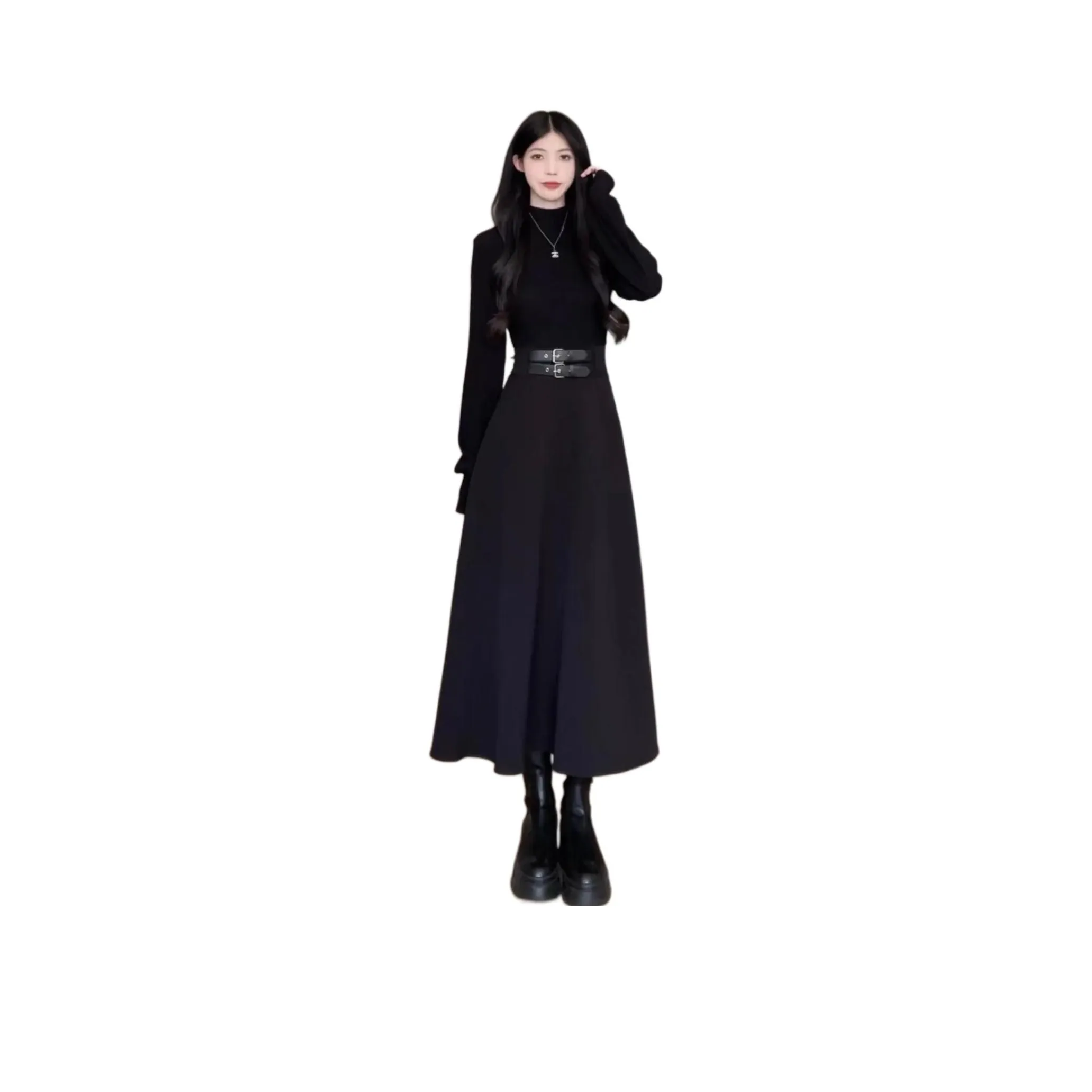 GULIANFEI Длинное платье с длинными рукавами женское черное