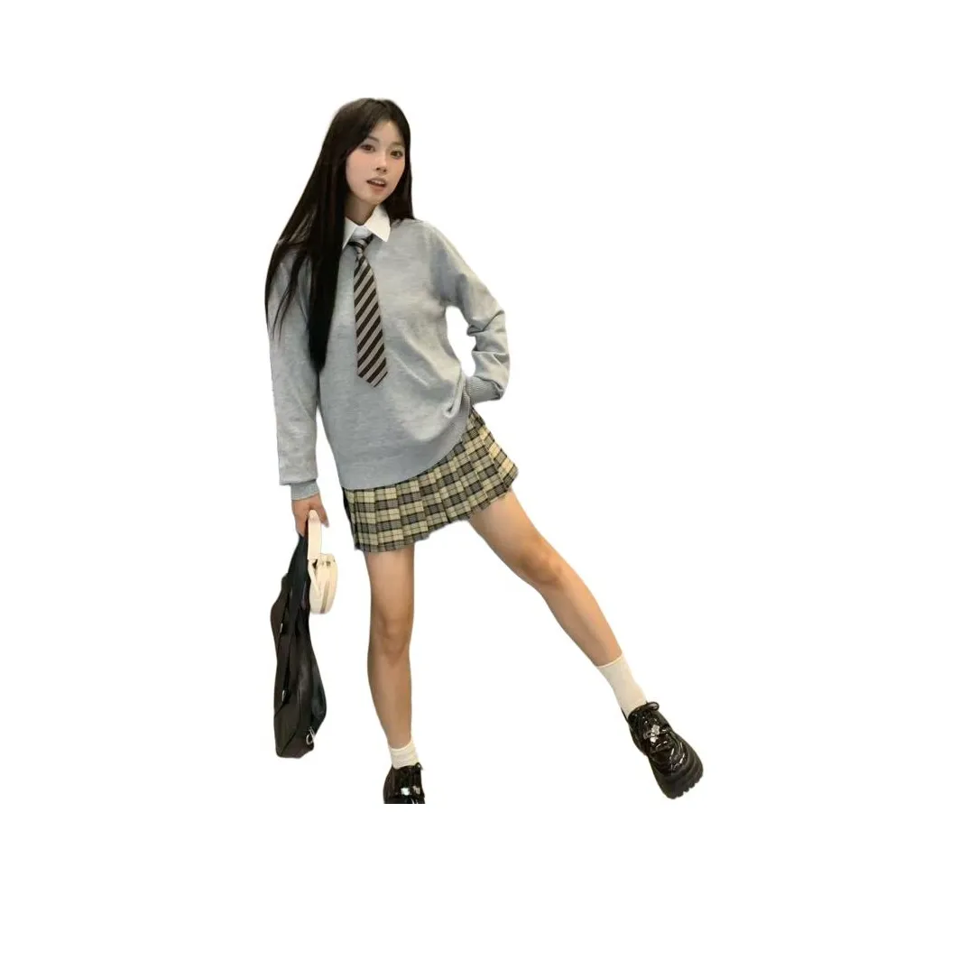 EFCR Серый топ + Клетчатая юбка + Рубашка Tie Женская униформа