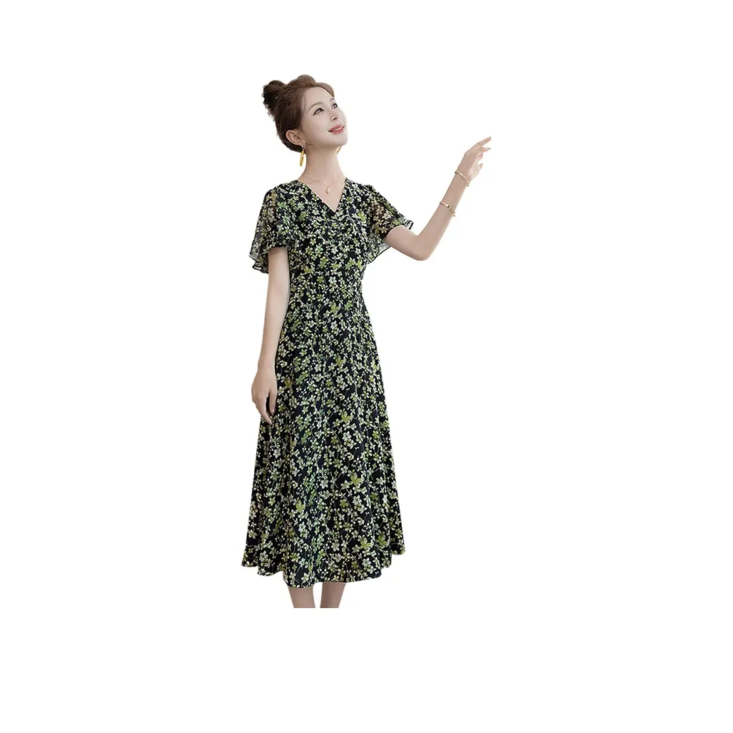 Cypress House Короткий рукав Платье Женское Зеленый узор