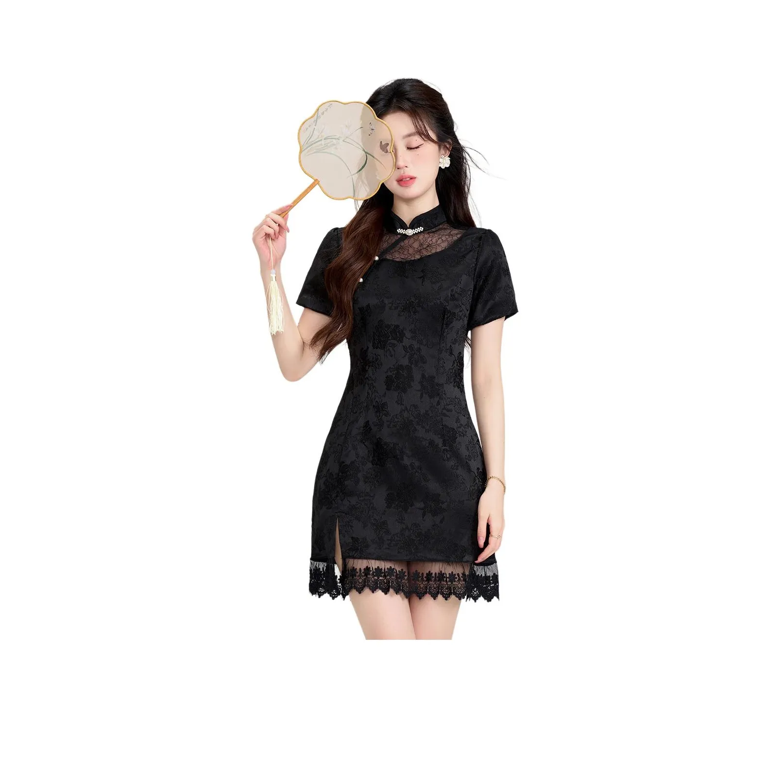 Emodues Короткий рукав Платье Женское Черное