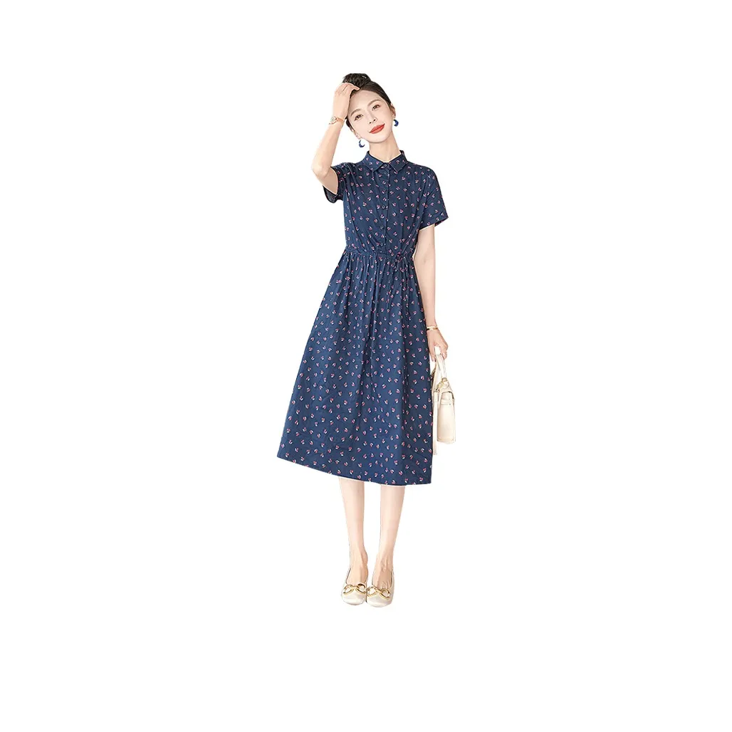 Cypress House Short Sleeved Dress Women's Navy Blue With Red Floral