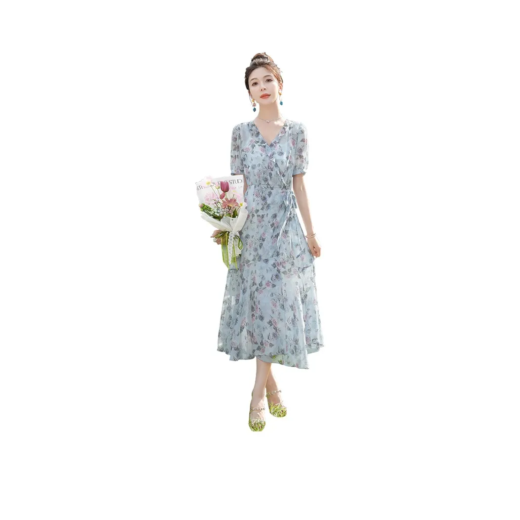 Cypress House Short Sleeved Dress Women's Blue With Green Floral