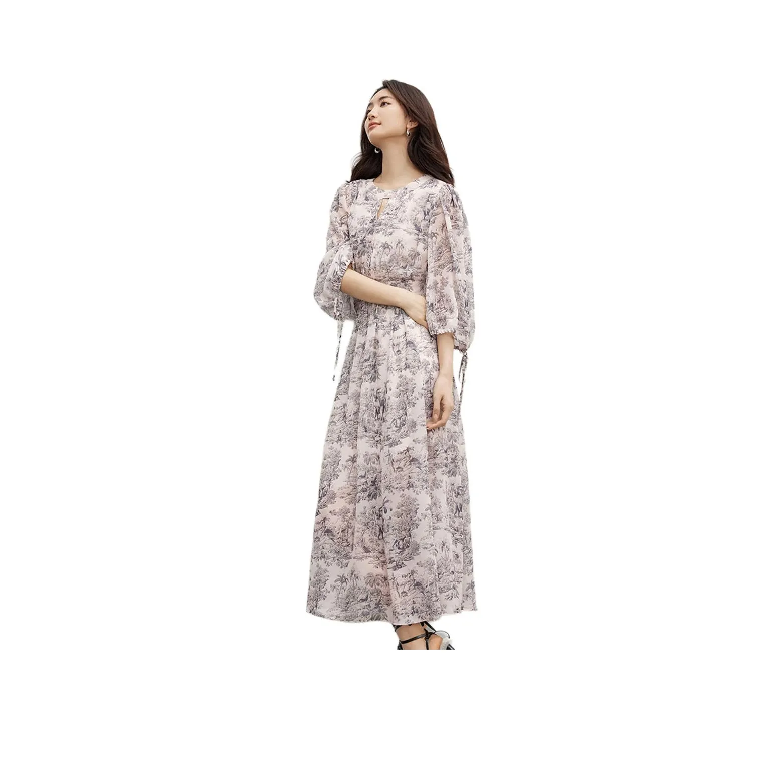 Hopeshow Long Sleeved Dress Women's Pink Base With Floral Pattern