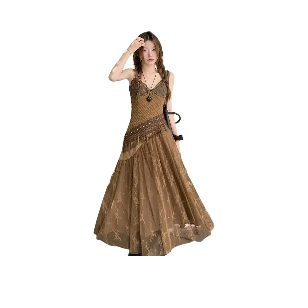 DOSOHEB Slip Dresses Women's Vintage Brown Slip Dress