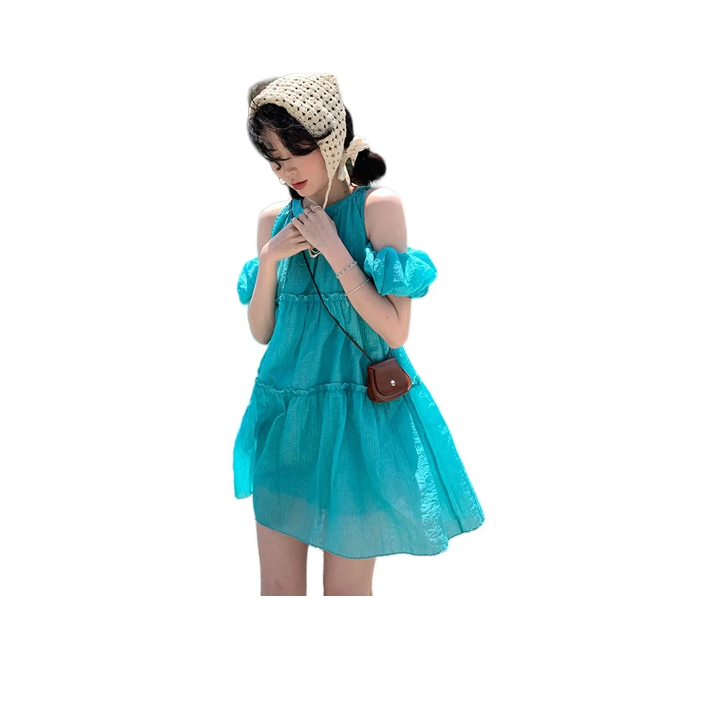 Juden Choi Короткий рукав Платье Женское Синий