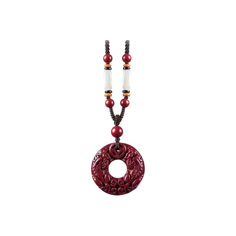 Muyan Cinnabar Chinese Auspicious Animal Peace Buckle Necklace Unisex