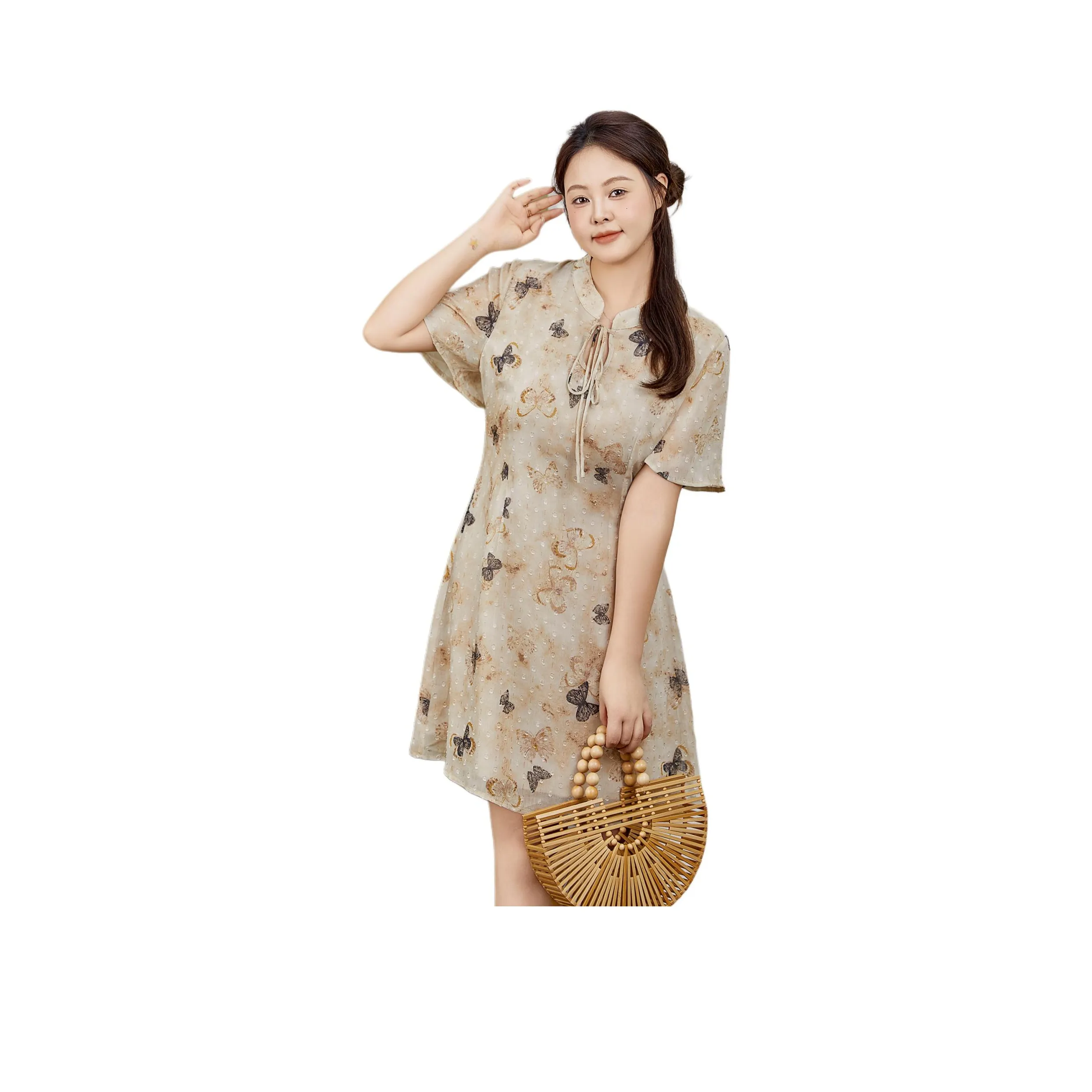 DAMABAIFENBAI Short Sleeved Dress Women's Butterfly Yellow
