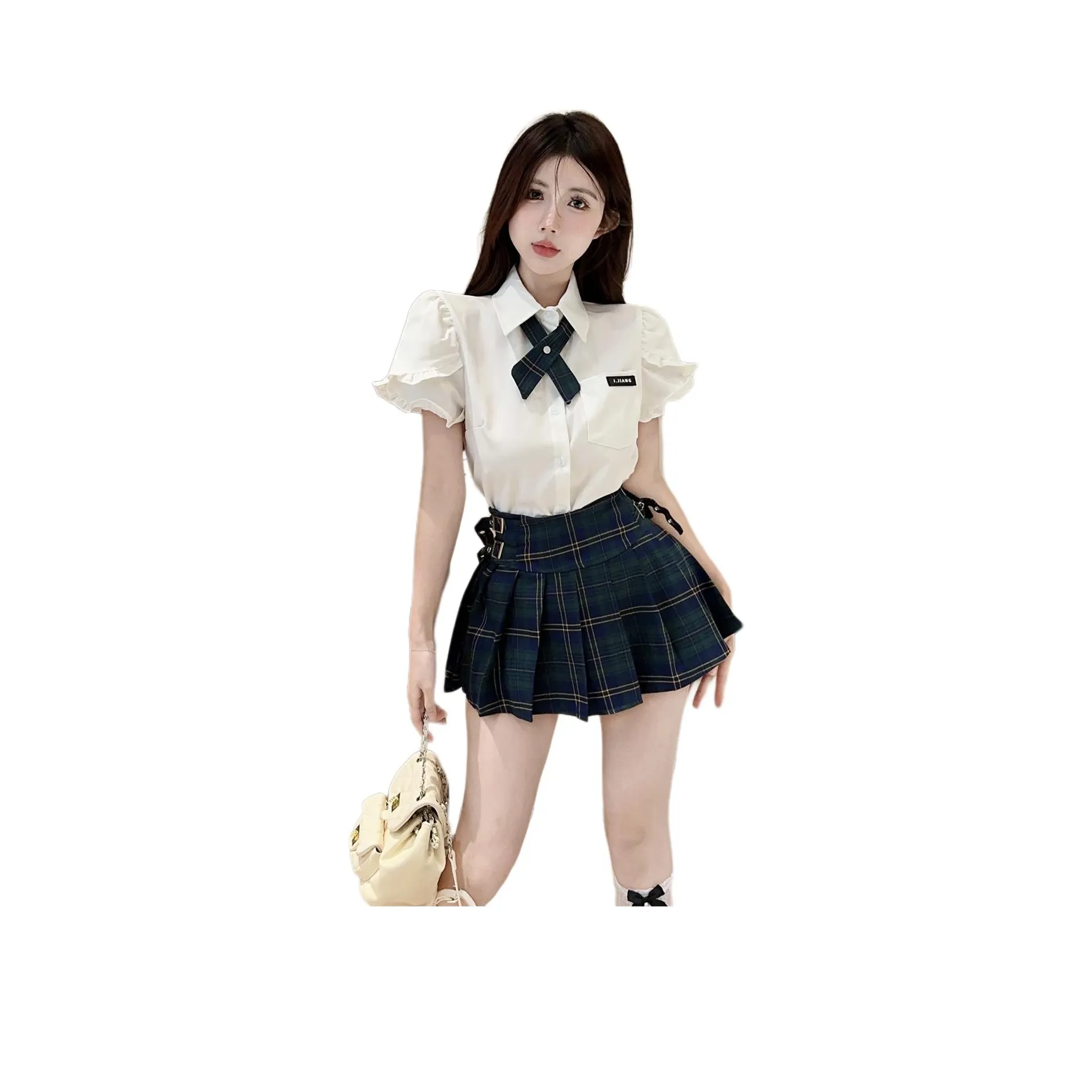 Mu Xiao Xin Two Piece Skirt Sets Women's White Shirt With Bow Ties/Green Plaid Skirt