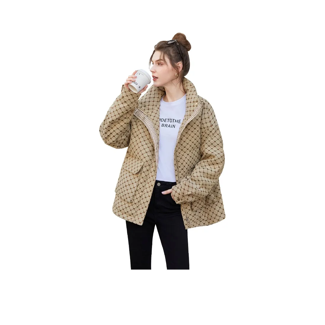 TOUCH Пуховик Женские Кофе Буква Клетка
