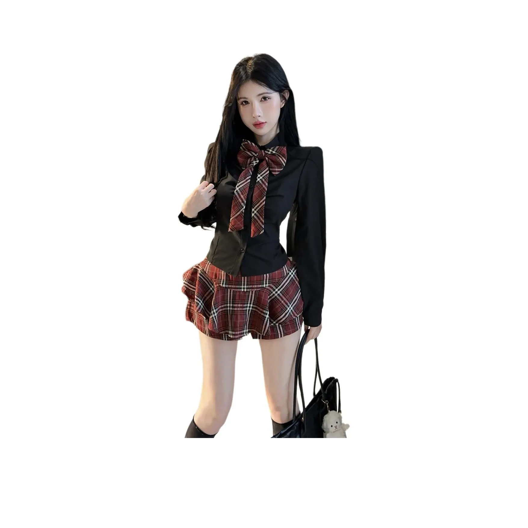Mu Xiao Xin Skirt Set Women's Black Shirt+Bowknot, Red Plaid Skirt