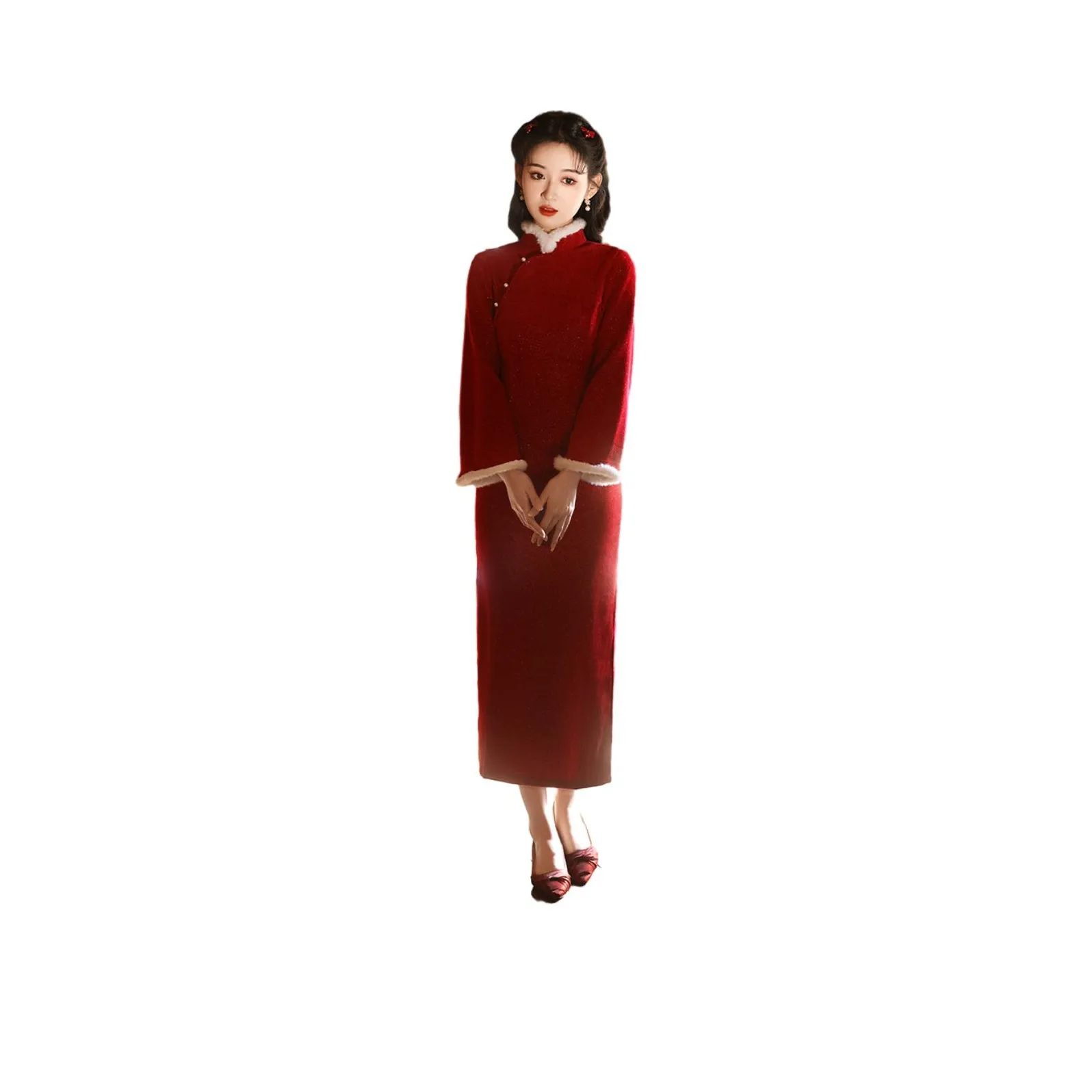 Red Colored Clothes Cheongsam Women's Burgundy