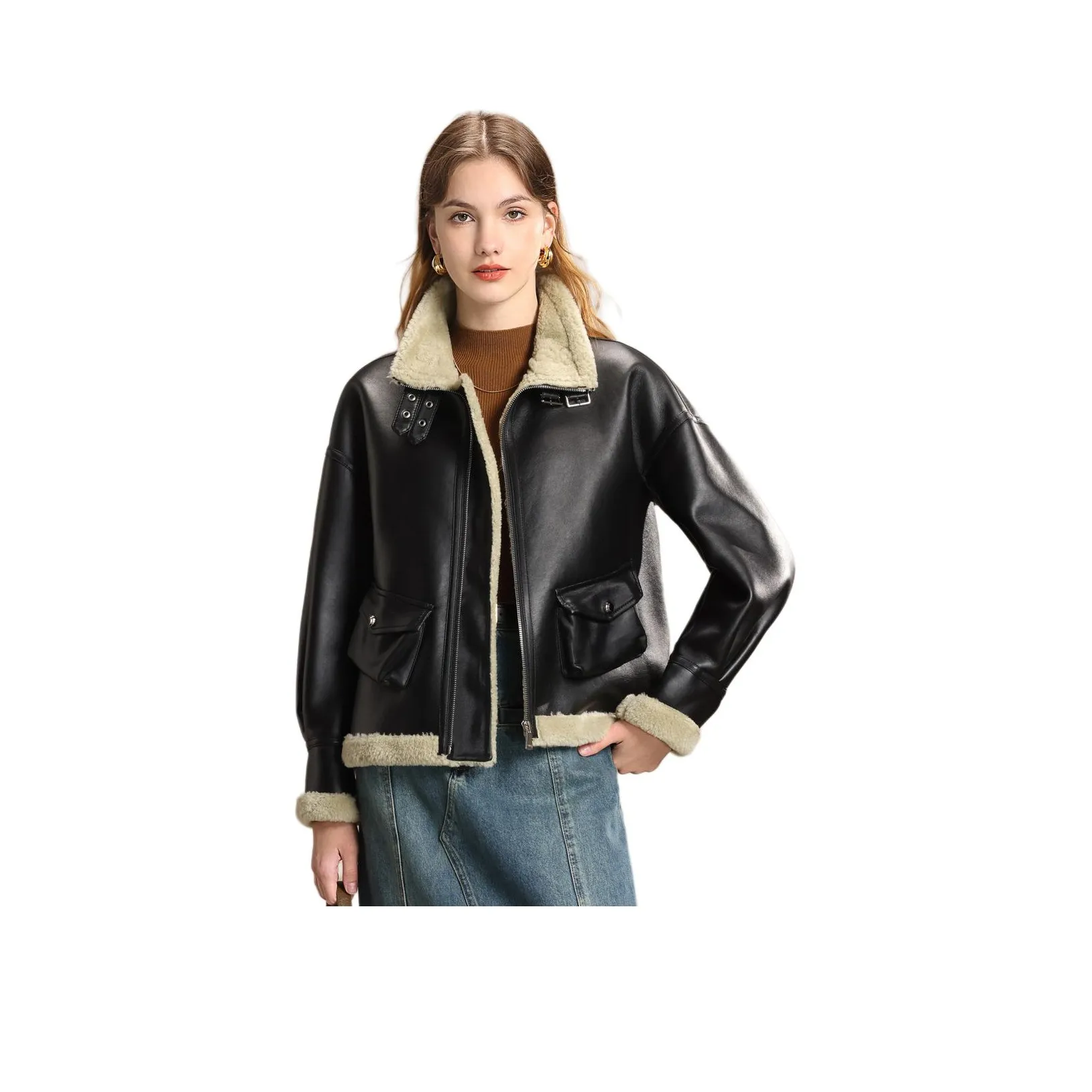 FENHONGMALI Leather Jacket Women's Gray Green/Black