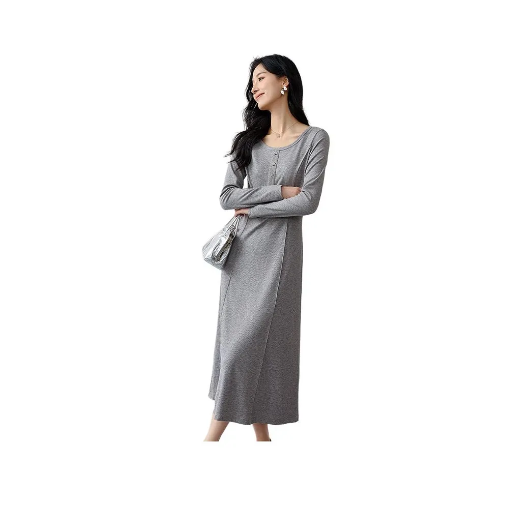 OUNIXUE Длинное платье с длинным рукавом женское серое