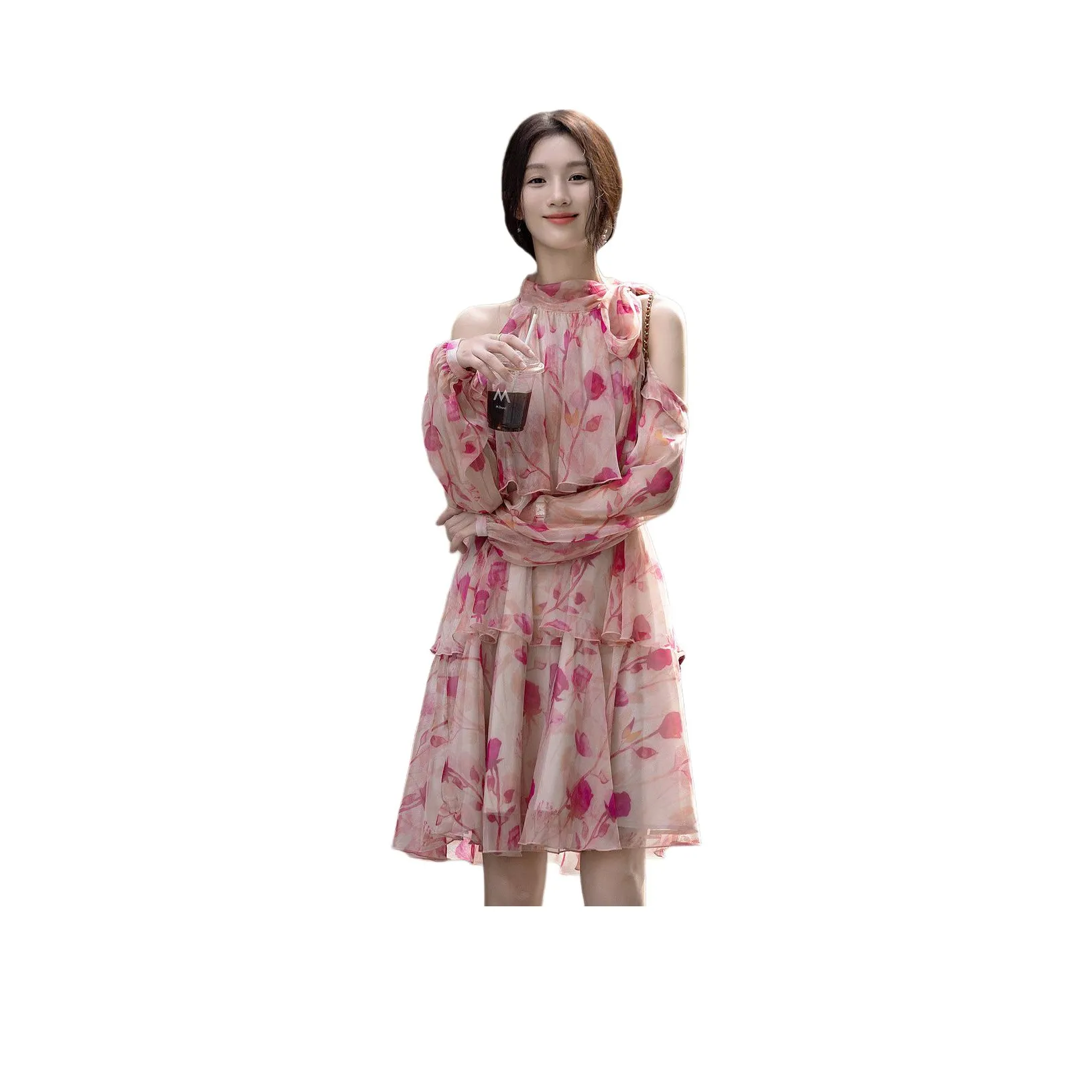 【Dme】 Длинное платье с длинными рукавами женское светло-розовое