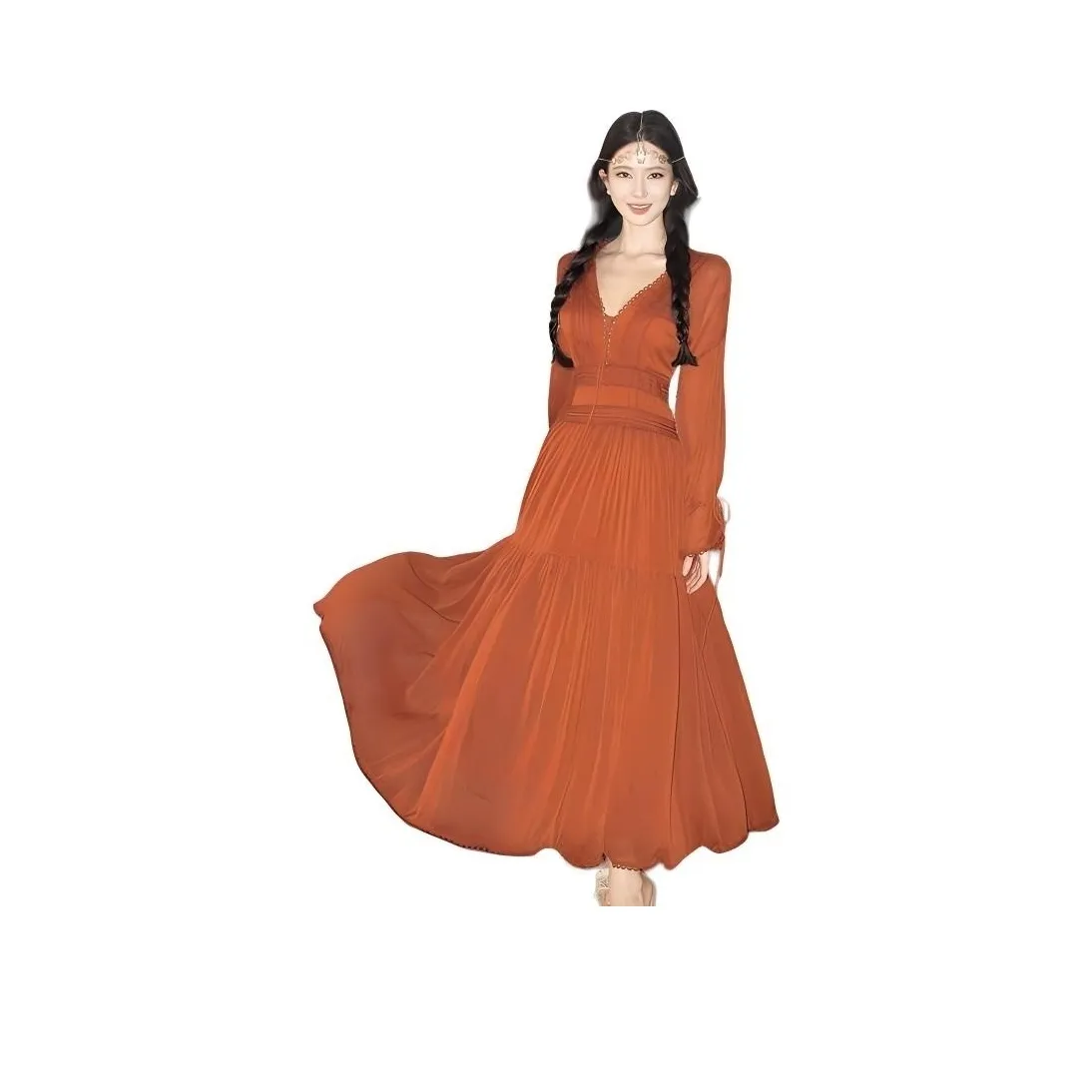 XIAOJUCHUANLI Long Sleeved Dress Women's Vintage Red