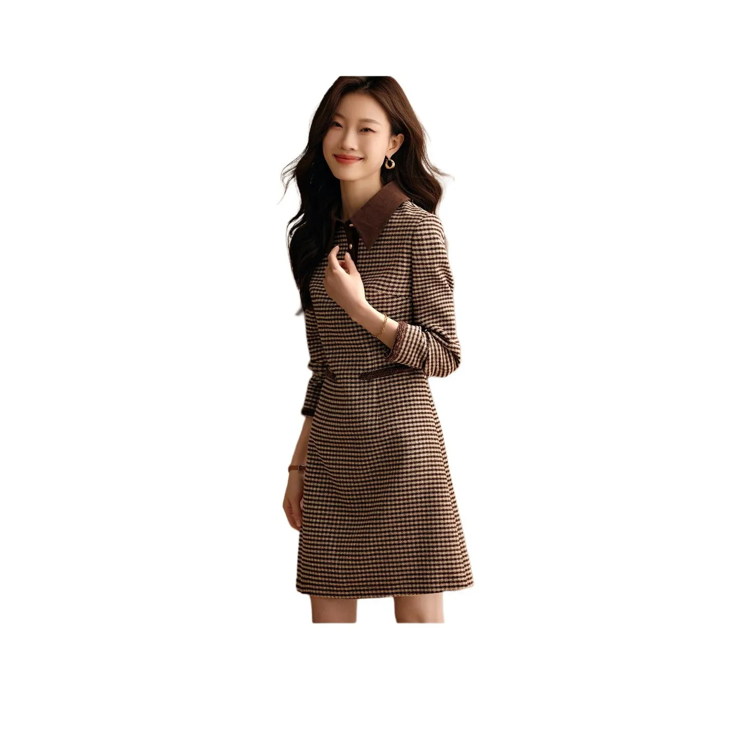Mo Han Yi Mei Long-Sleeved Dresses Women's Beige Check