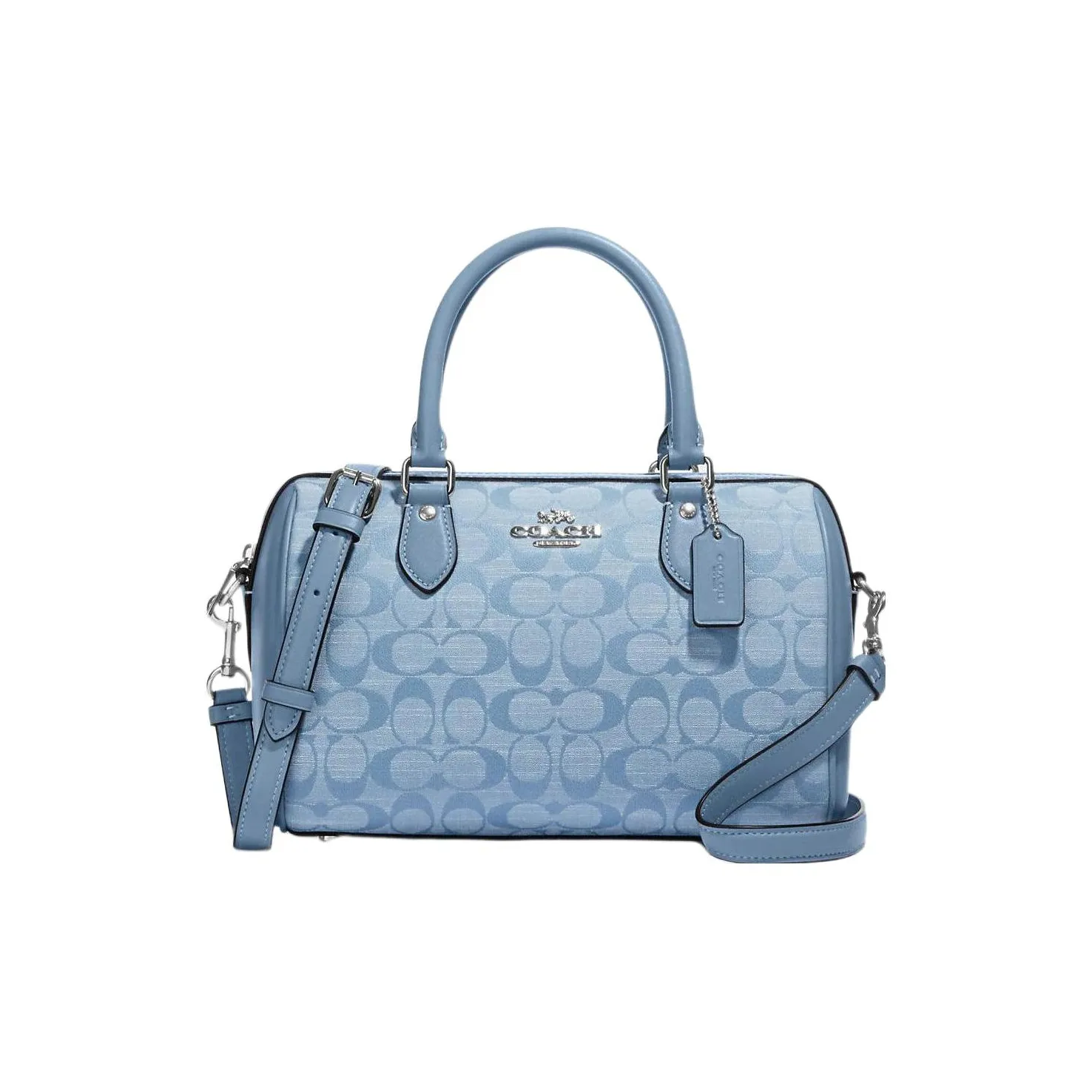 COACH Rowan Canvas With Leather Boston Bag, Shoulder Bag, Crossbody Bag Medium Size Women's Light Blue