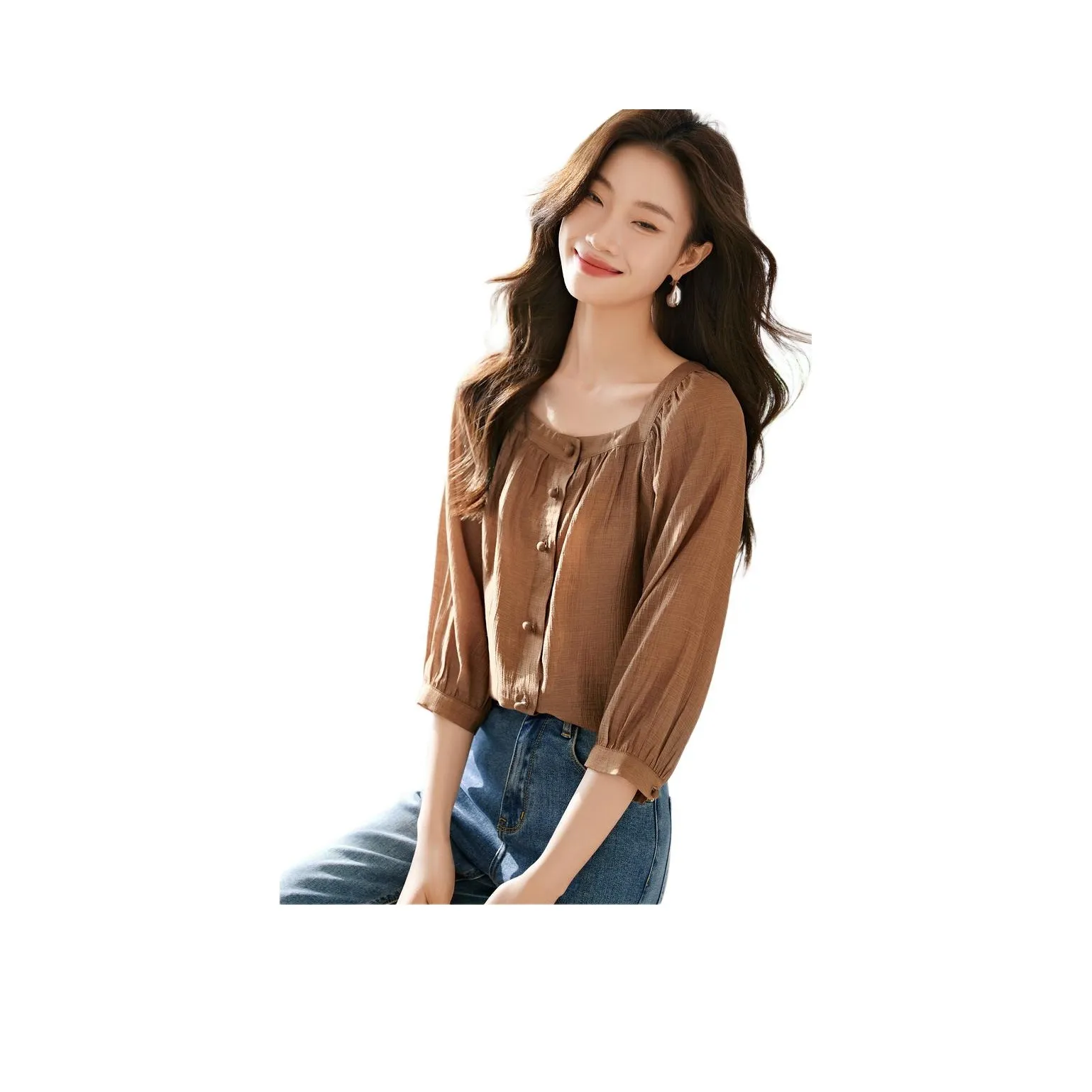 Mo Han Yi Mei Рубашка Женская Темно-Кофейная