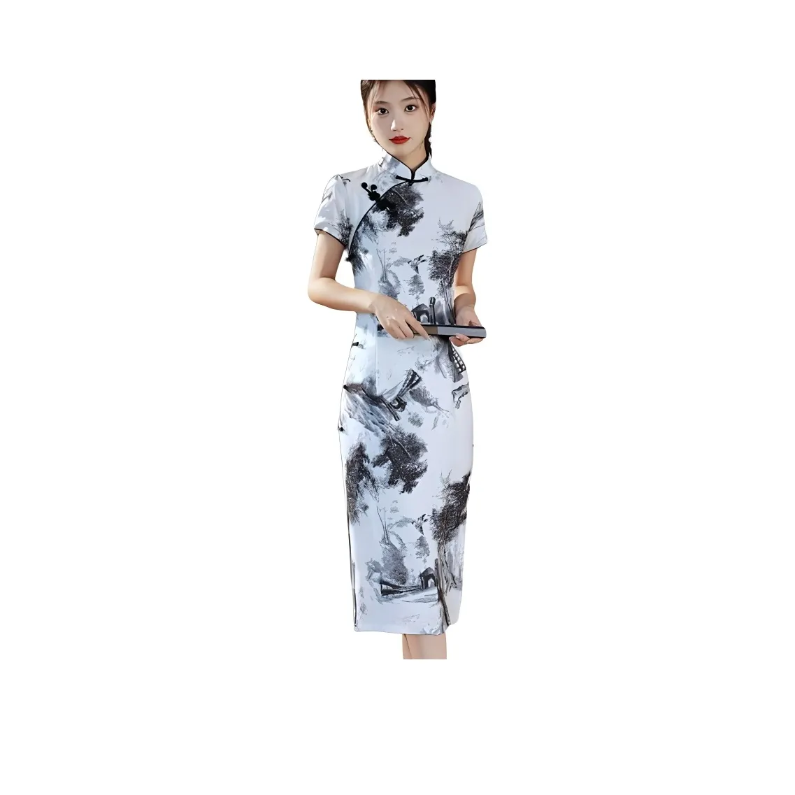 ENEESSI Cheongsam Women's Black White Ink Wash Painting