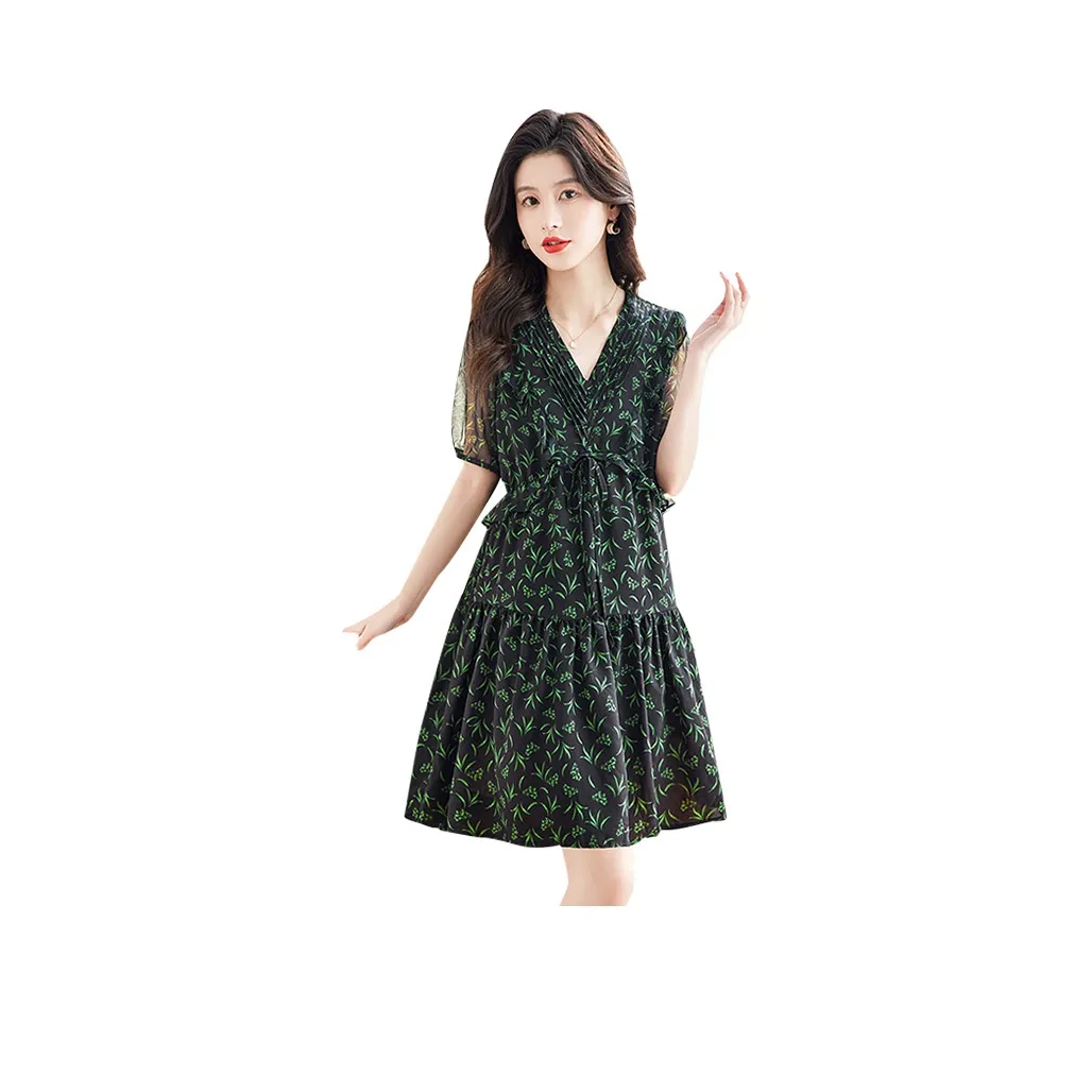 Cypress House Short Sleeved Dress Women's Deep Navy Blue Base With Green Floral