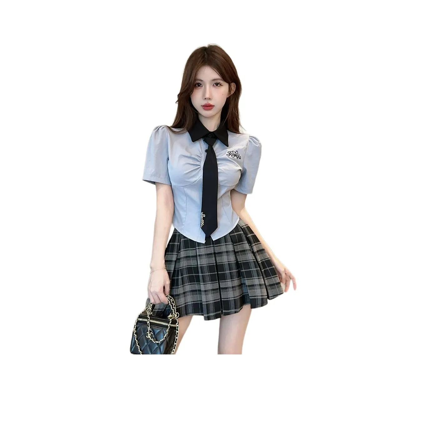 Garbege UNIFORM Женская Синяя Рубашка Галстук Клетчатая Юбка Комплект Одежды