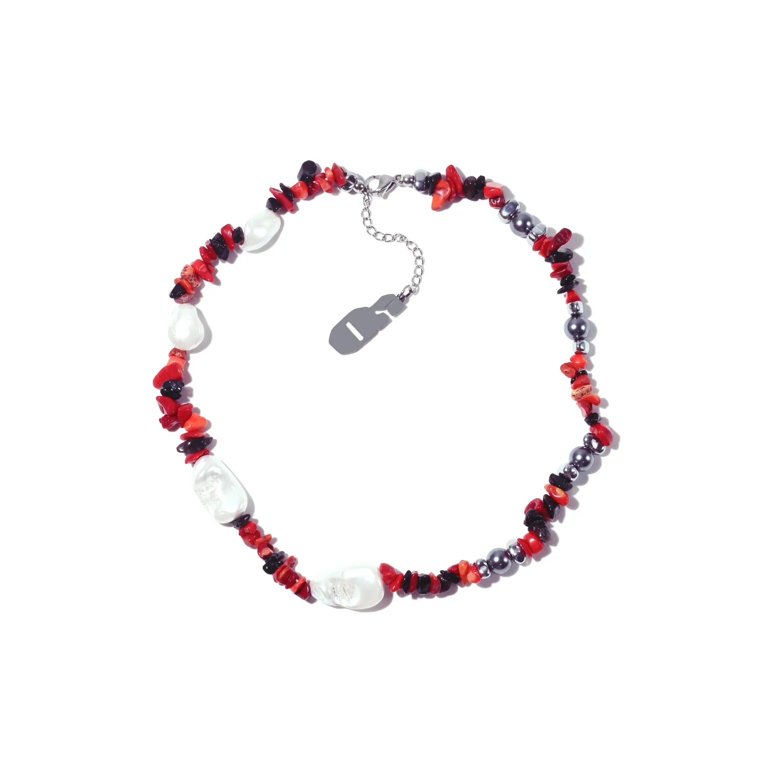 Get'em ON Черный и Красный Crushed Камень Гальванизированная Жемчужная Раковина Бусины Серебряные Титановые Стальные Ожерелья Унисекс
