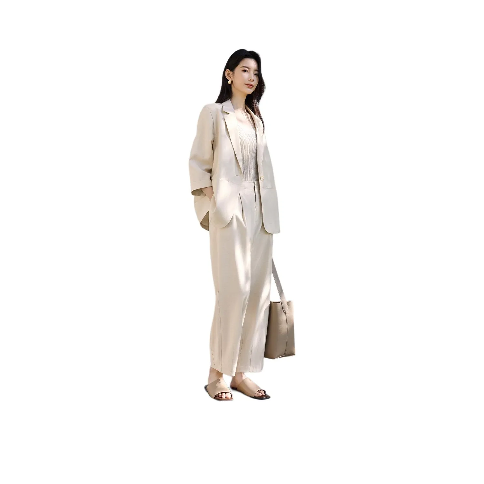 IHIMI Casual Suit Women's Plain Linen Beige