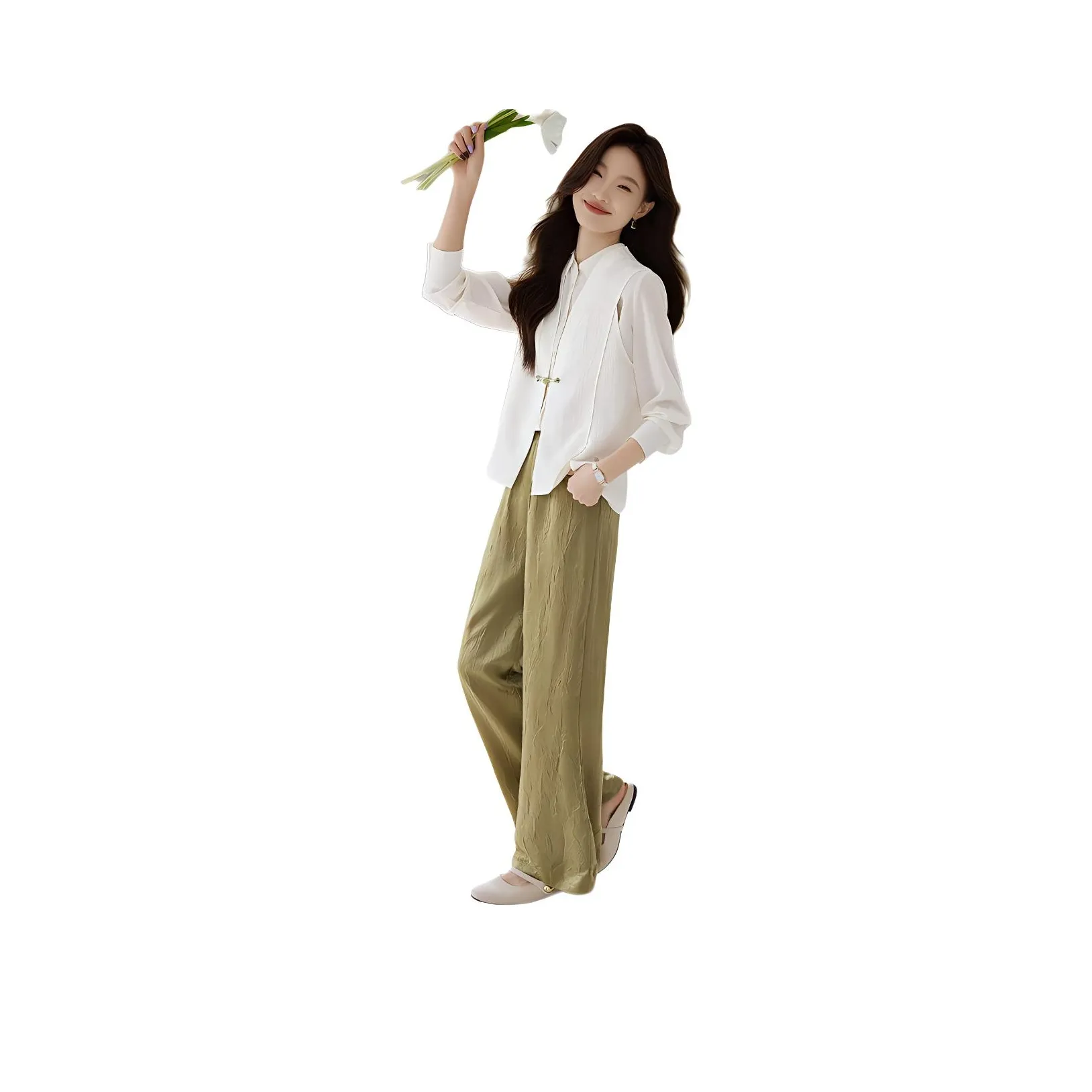 Mo Han Yi Mei Casual Suit Women's Top Beige, Bottom Green