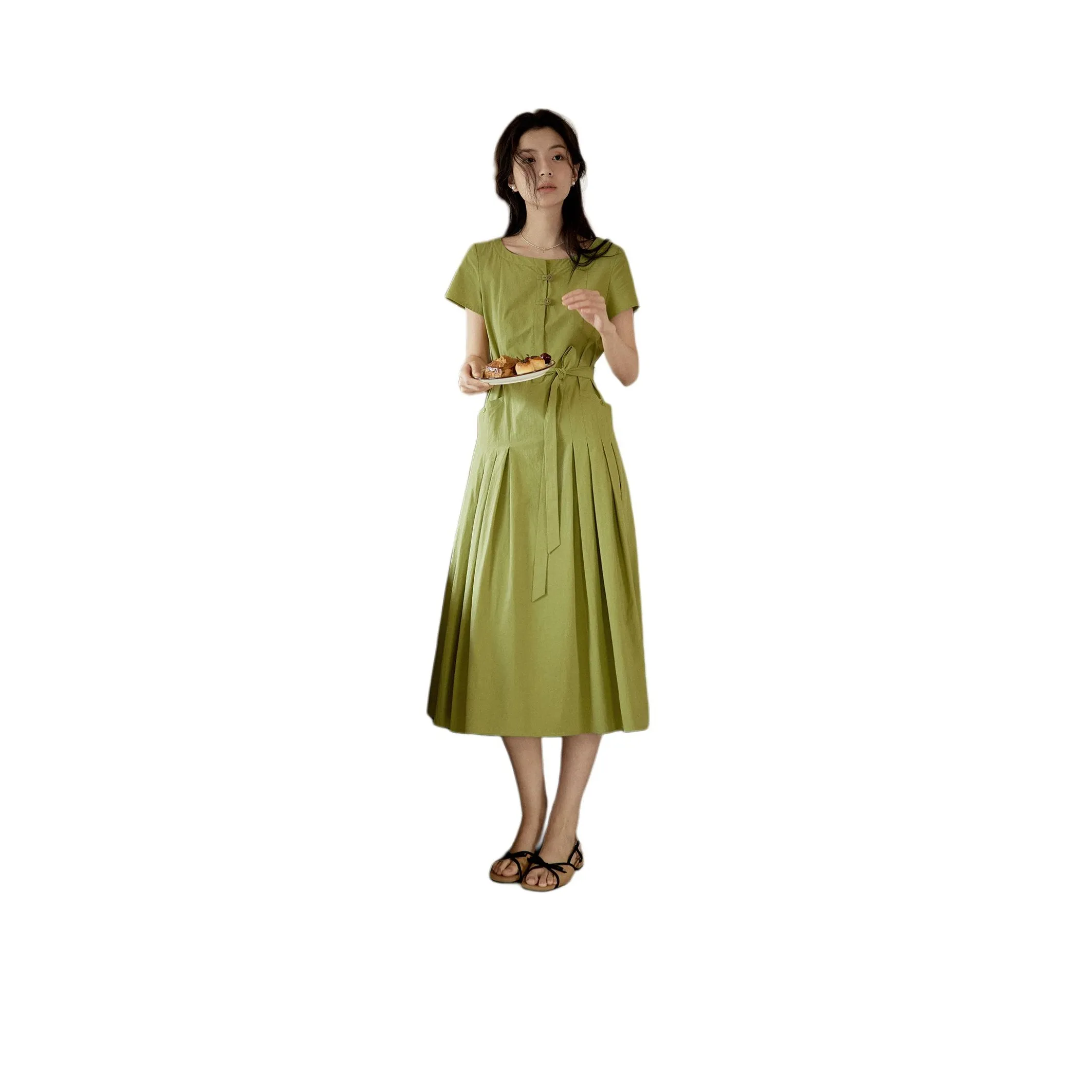 SOLIGHTER Короткий рукав Платье Женское Горчично-зеленый