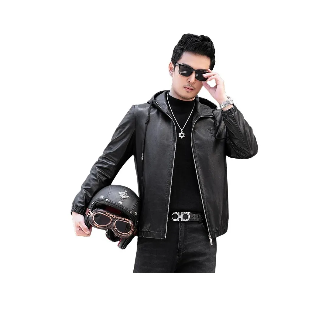 JIMU Haining Куртка из натуральной кожи Мужская с капюшоном из козьей кожи Облегающий крой Укороченная куртка Мотоциклетная Модное пальто Мужское