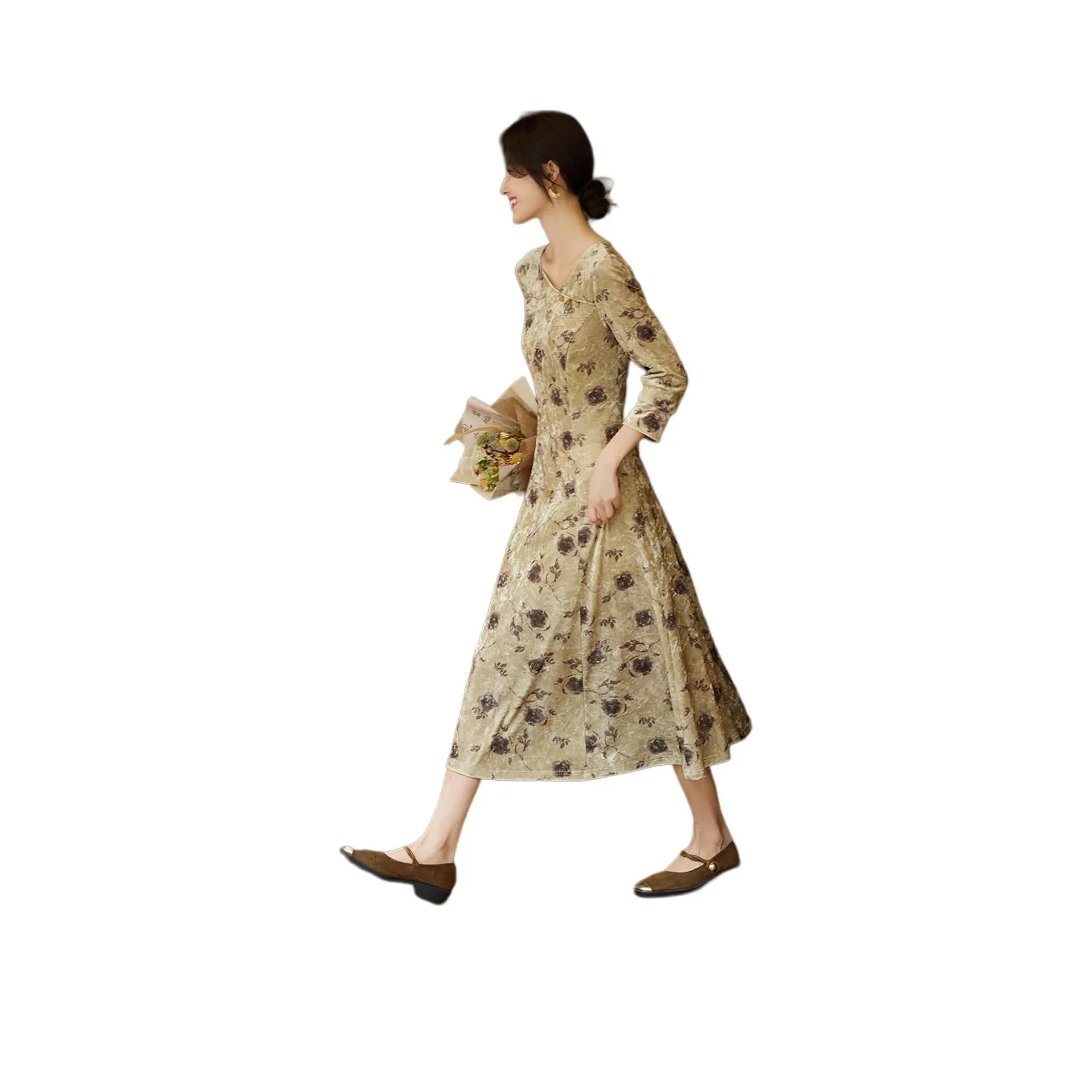 XWI Длинное платье с длинными рукавами женское желтое с кофейным цветочным узором