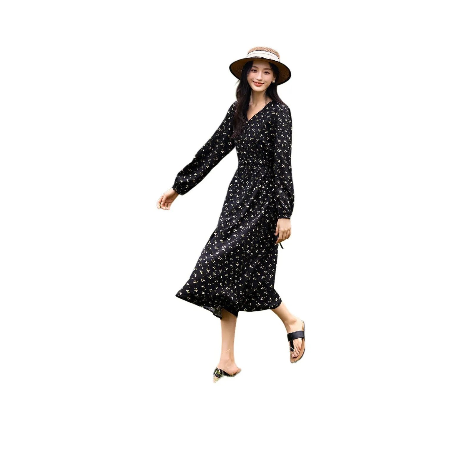 Mo Han Yi Mei Длинное платье с длинными рукавами женское черное с цветами