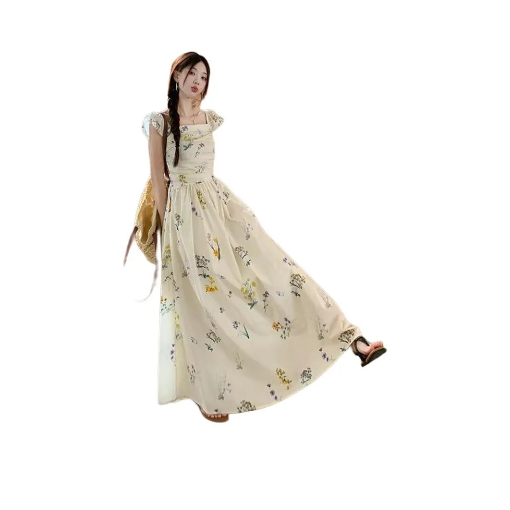 XIAOJUCHUANLI Короткий рукав Платье Женское Кремовый Абрикос